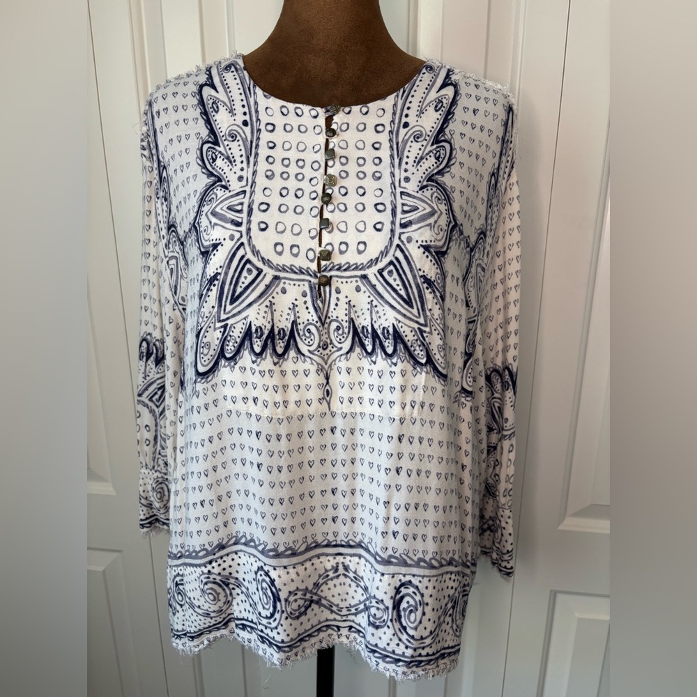 Anthropologie Maeve Morgan Peasant Heart Print Fringe Top, Size Medium
